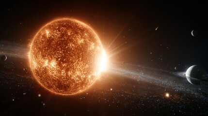 Dramatic close-up of sun in fading solar system, dimming surface with orbiting planets, cosmic science art