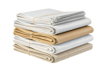 Bundled newspapers and documents tied with rubber bands showing mixed paper types and journalism materials, isolated on a transparent background