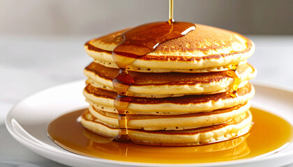Stack of golden pancakes with syrup dripping down, served on a white plate.