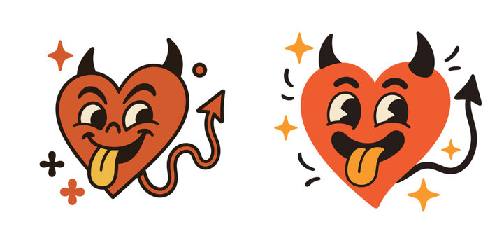 Retro cartoon devil heart characters with mischievous faces, horns, and tails isolated on a white background