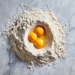 Three egg yolks nestled in a flour mound
