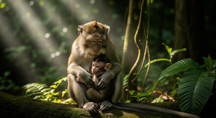 Mother monkey with her baby in the forest
