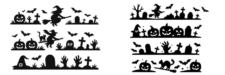 Halloween silhouette border collection with witch on broomstick, spooky pumpkins, graveyard tombstones, bats, and black cats for festive decoration
