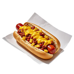 Delicious Hot Dog with Chili Sauce  Melted Cheese  and Golden Fries, Generative AI