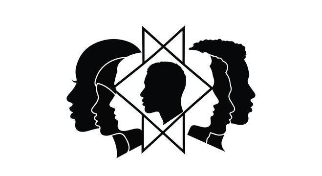 Diverse profiles arranged in a stylized geometric pattern, symbolizing unity and connection.