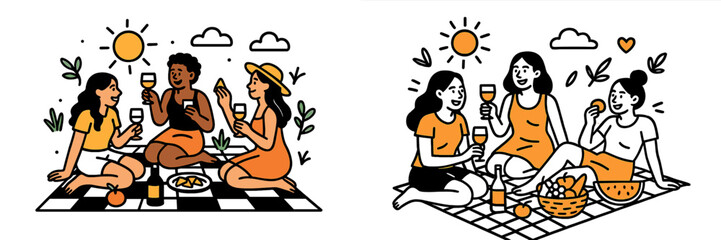 Diverse group of happy young women friends enjoying a summer picnic in the park with wine and food on a sunny day