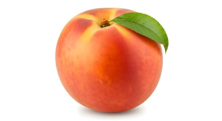 Whole raw peach with leaf, isolated on white background