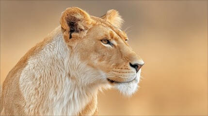 Intense close-up portrait of lioness with golden fur, blurred savanna background, cinematic wildlife photography