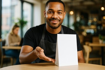 Obraz premium Waiter presenting blank white table tent card mockup in cozy cafe setting for branding or menu design presentation concept in natural light. Ai generative
