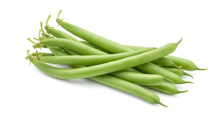 Bundle of raw green beans with stems, isolated on white background