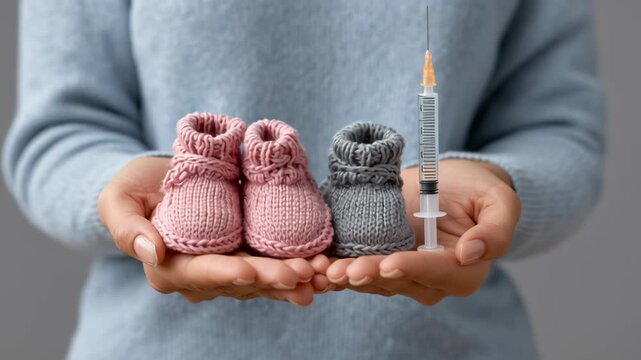 Pink baby bootie gray baby bootie syringe prenatal care vaccination newborn infant health knitted bootie maternal concern hopeful