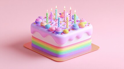 Colorful 3D birthday cake with festive frosting and candles, rendered in isometric studio lighting.