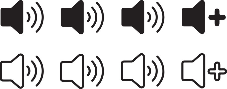 Eight Black and White Speaker Icon Variations with Sound Waves and Plus Symbols on White Background