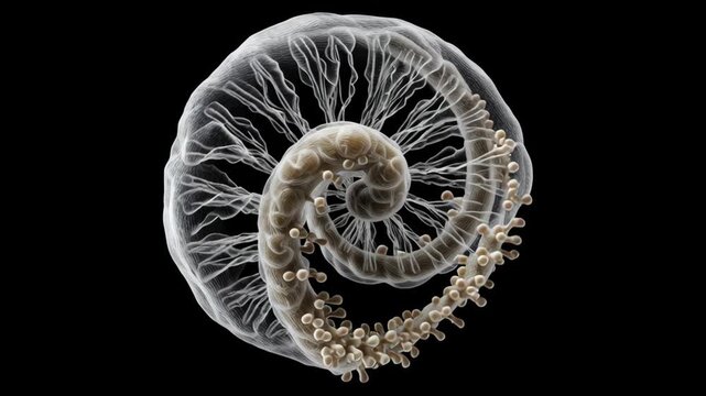 Spiral shell cross section with translucent chambers, delicate filament organic texture and radial tendrils, ethereal beige knobs