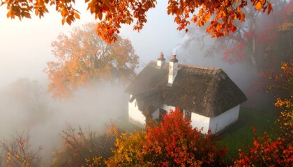 Autumnal cottage nestled in a misty forest