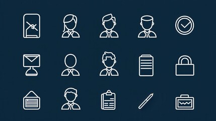 A set of minimalist icons representing various communication and technology elements such as user profiles emails documents security and data management