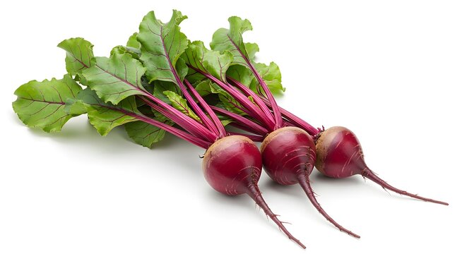 Raw beetroots with leaves, freshly harvested, isolated on white background