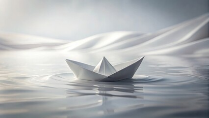 A solitary origami boat gracefully floats on a tranquil, undulating surface, a minimalist depiction of serenity and the journey ahead