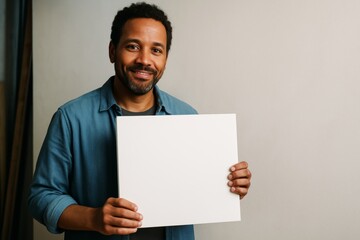 Smiling man holding blank square sign for mockup or branding presentation against light background with copyspace and clean layout concept. Ai generative