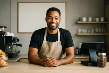 Smiling barista in modern coffee shop standing behind counter with blank poster background and clean space for branding or promotional design. Ai generative
