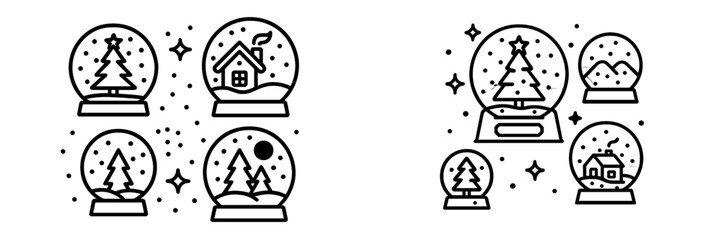 Set of Christmas snow globe line icons with winter holiday scenes featuring a house, trees, and mountains in a minimalist outline style