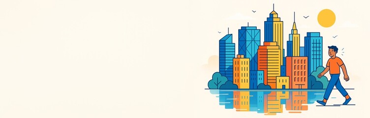 Obraz premium Urban cityscape with walking person and skyline reflection on light background with large copyspace for creative design or advertising template. Ai generative