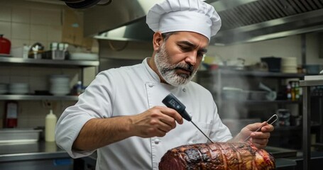 Chef inspecting a roast in a busy kitchen setting