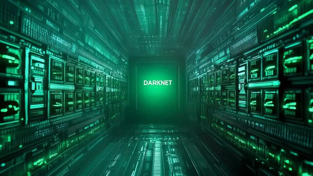 Futuristic green digital corridor representing darknet network with complex technological infrastructure, glowing data panels, perspective tunnel design.