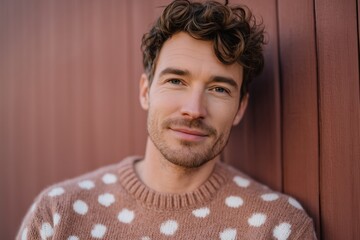 Smiling man in polka dot sweater against rustic wooden wall, modern autumn portrait styling