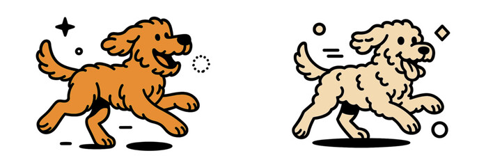 Happy Golden Retriever and Goldendoodle dogs running and playing in a cute cartoon comic style isolated on a white background