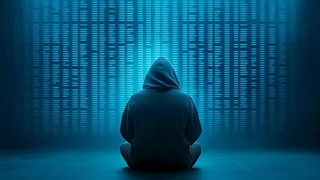 Hooded individual sitting facing digital matrix background. Cybersecurity theme with anonymous figure exploring technological data landscape. Mysterious digital environment.