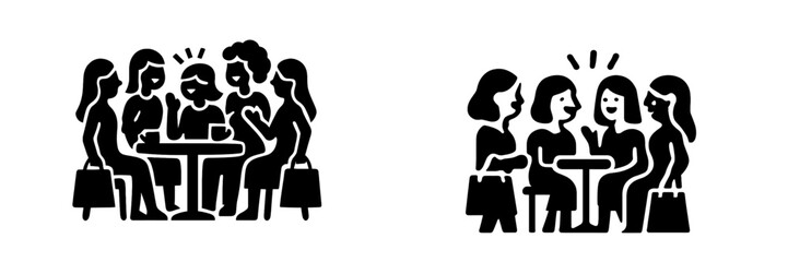 A set of two black glyph icons showing a group of female friends talking and socializing at a cafe table with coffee and shopping bags