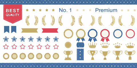 Collection of award ribbons stars laurel wreaths crowns trophies and best quality badges for recognition and achievement