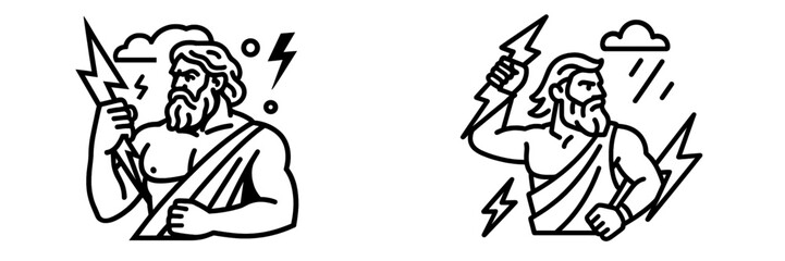Zeus Greek god of thunder holding a lightning bolt, minimalist line art icon set for mythology and ancient Greece themes