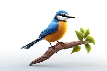 Obraz premium A vibrant blue and orange bird perched on a branch with green leaves against a minimalist background