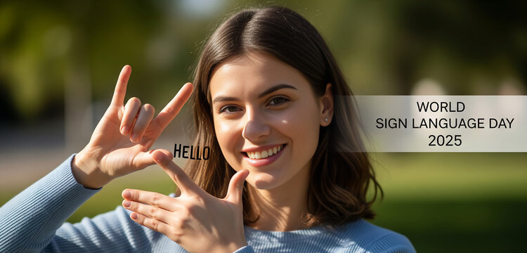 Photorealistic illustration of a smiling young woman using sign language to say “hello” in natural outdoor light, created to celebrate World Sign Language Day 2025 and promote inclusive communication.