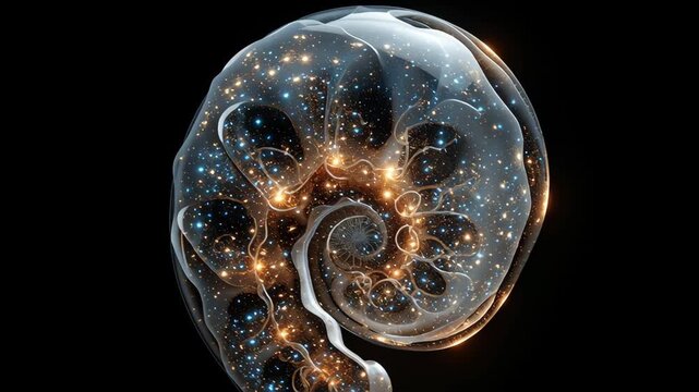 Vitro Fertilization concept ,Luminous spiral shell with glowing starfield and delicate glasslike surface, ethereal cosmic glass