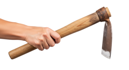 a hand gripping a rustic hoe cultivating dreams, one garden at a time, isolated on transparent background