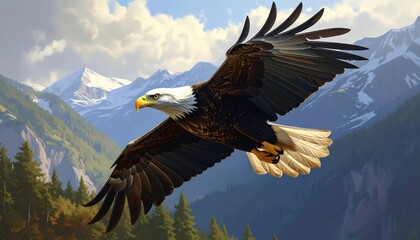 Majestic bald eagle soars above a breathtaking mountain vista, showcasing stunning plumage and a sense of freedom.
