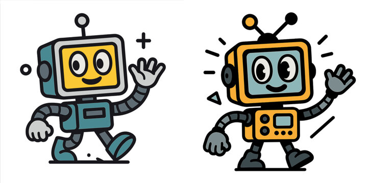 Set of two friendly cartoon robot characters walking and waving, cute futuristic android mascots with retro design isolated on a white background