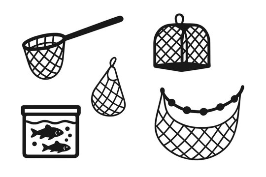 Set of fishing equipment icons featuring various nets, a fish trap, and an aquarium with fish in a simple black and white silhouette style