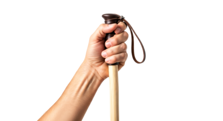 a hand grips a sturdy walking stick embracing lifes journey with strength and purpose, isolated on transparent background