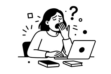 Overworked woman at her desk with a laptop yawning from fatigue and burnout due to remote work or intense studying