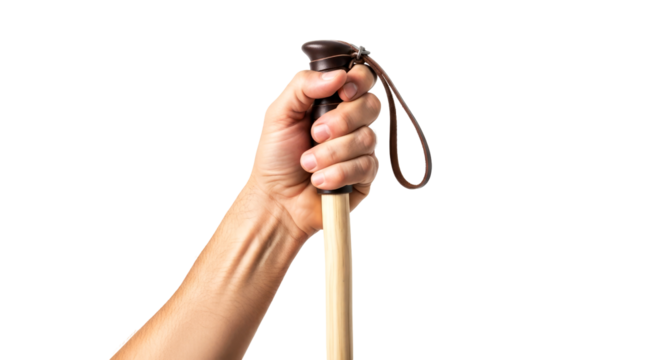 a hand grips a sturdy walking stick embracing lifes journey with strength and purpose, isolated on transparent background