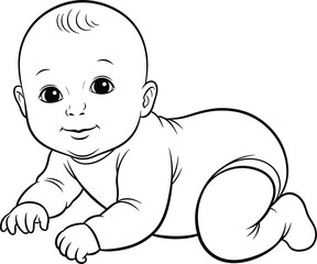 Crawling baby vector, infant line art, black and white illustration, cute child pose, early development stage, outline drawing, parenting concept, isolated