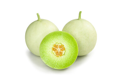 Fresh Shandong Jade Melons with Cut Half Display on White Background