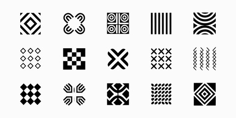 Collection of fifteen unique black and white geometric patterns and symbols on a white background