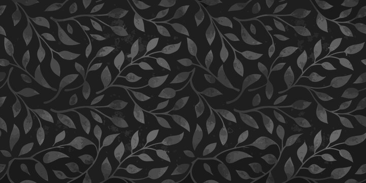 Dark elegant seamless pattern of stylized leaves and branches with a subtle watercolor texture