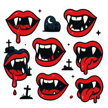 Collection of spooky vampire mouth stickers with red lips and sharp fangs for Halloween, featuring dripping blood, tongues, and graveyard silhouettes