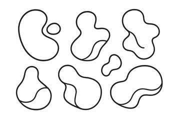 Collection of minimalist abstract shapes with organic fluid forms and modern black line art of amorphous blobs on a white background